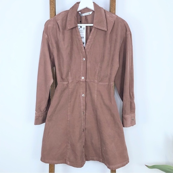 Zara pink/brown corduroy button up mini dress size XS NWT - Picture 11 of 11